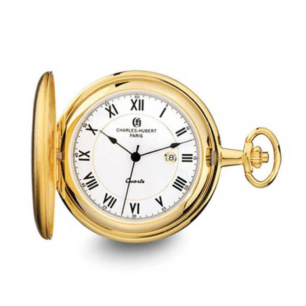Charles Hubert Satin Gold Tone Finish White Dial Pocket Watch 50mm
